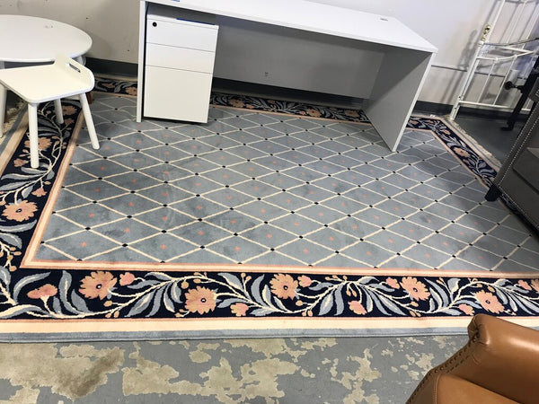 Wool Light Blue Diamond Patterned Rug with Floral Border (8'x11'6") (As-Is/Stains)