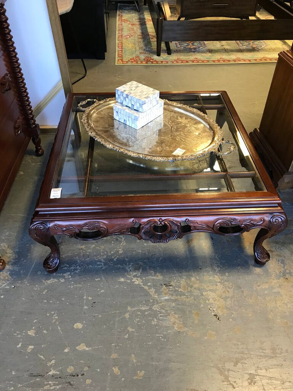 Square Wooden Coffee Table with GlassTop