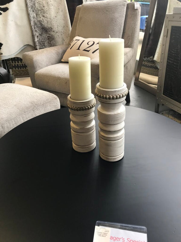 White Distressed Wood Candle Holders (PAIR)