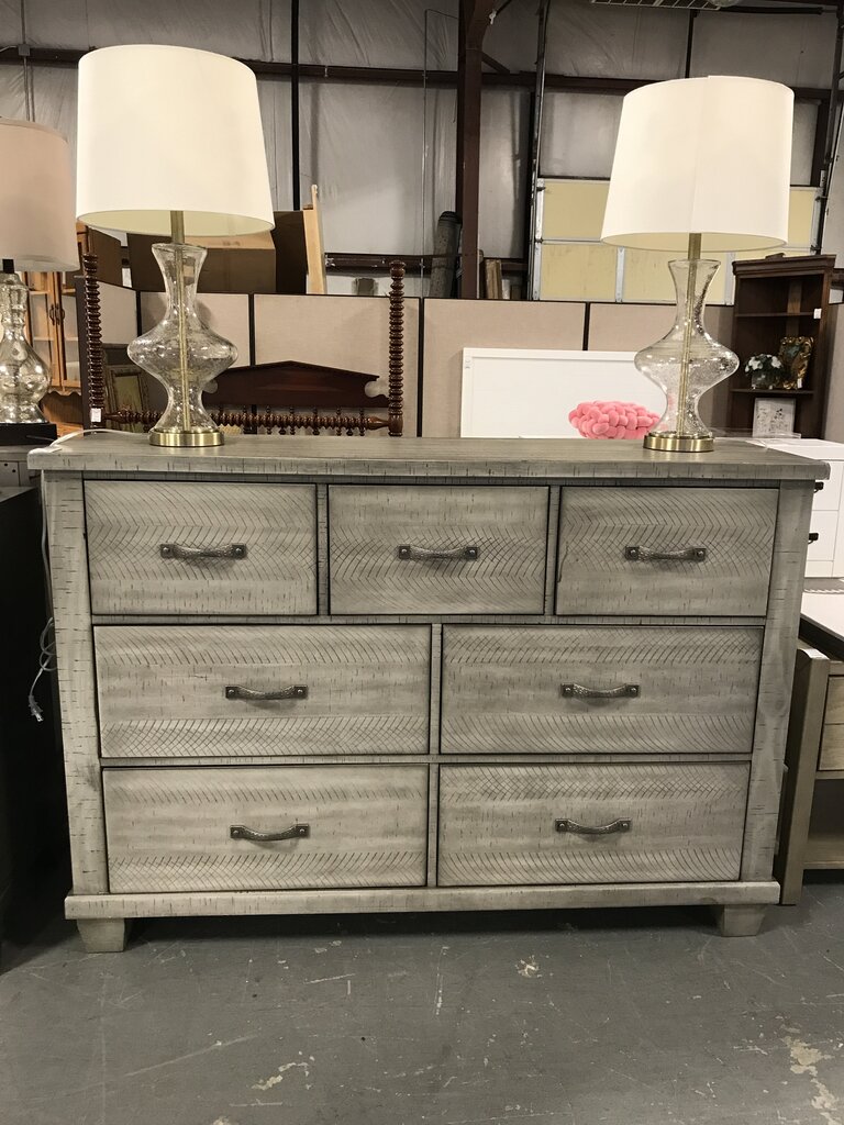 Grey 7 Drawer Dresser with Decorative Saw Marks & Block Leg