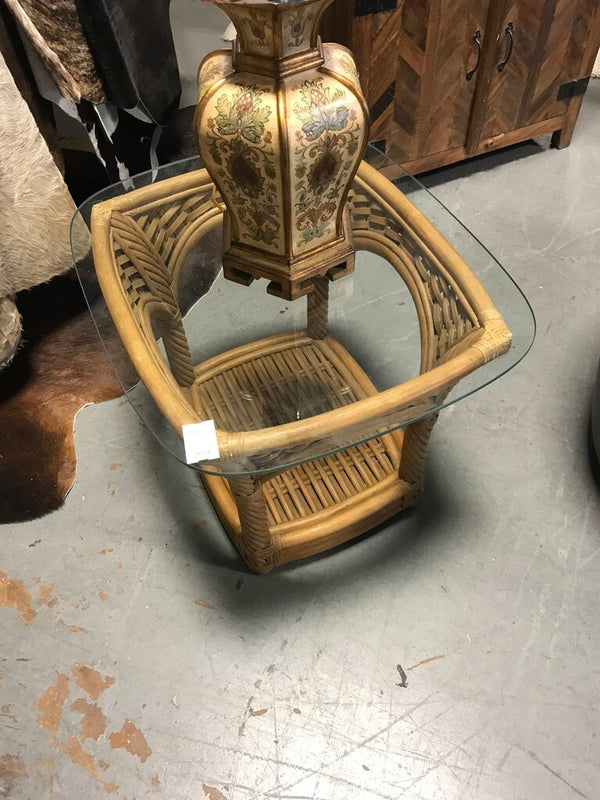 Wicker End Table w/ Glass Top