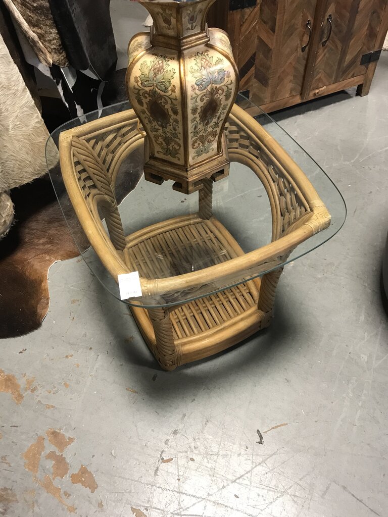 Wicker End Table w/ Glass Top