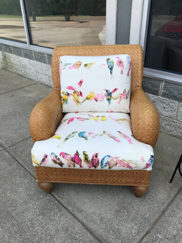 Rattan Outdoor Chair W/ Multicolor Bird Cushion