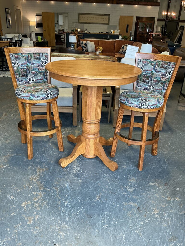 Vintage Oak Bistro Table w/ 2 Swivel Chairs