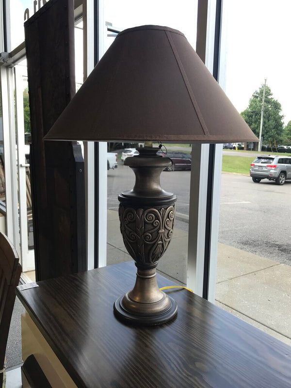 Antique Silver Tone Lamp with Brown Shade