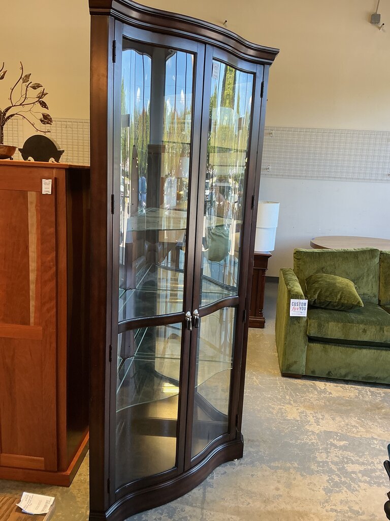 Dark Stain Mirrored Corner Cabinet w/ Lighting