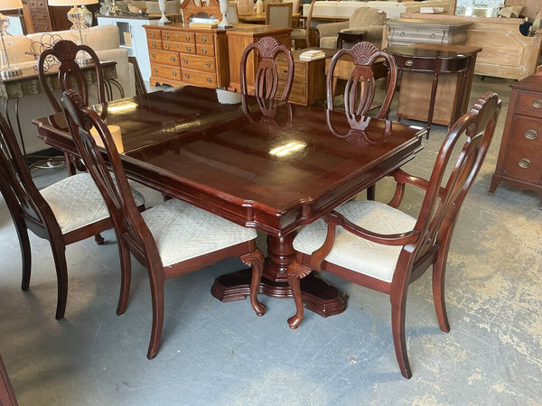 Cherry Tone Dining Set- (6 Chairs + 2 leafs) (As-Is, Stain)