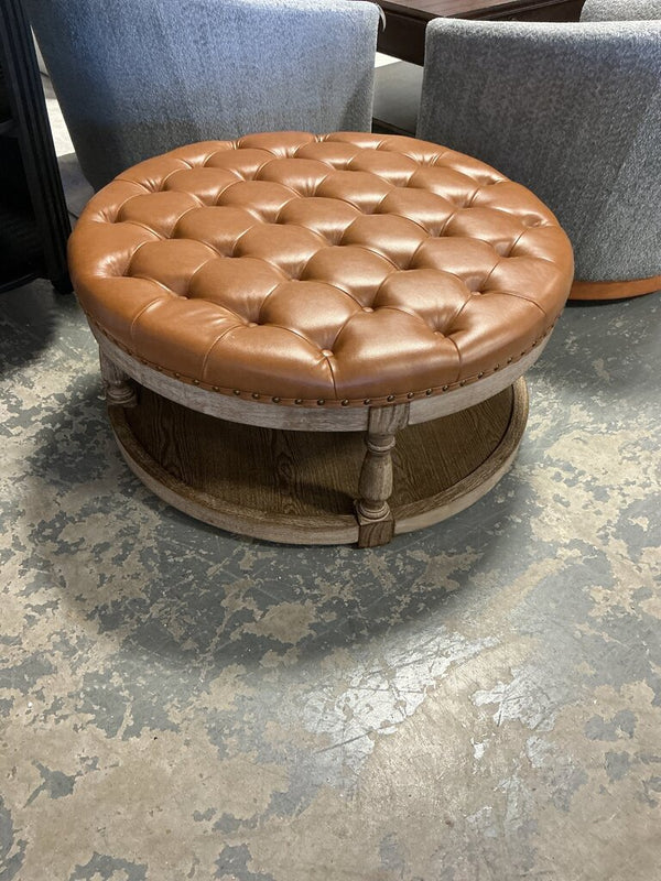 Cepheus 36" Wide Tufted Round Cocktail Ottoman- Camel Vegan Leather