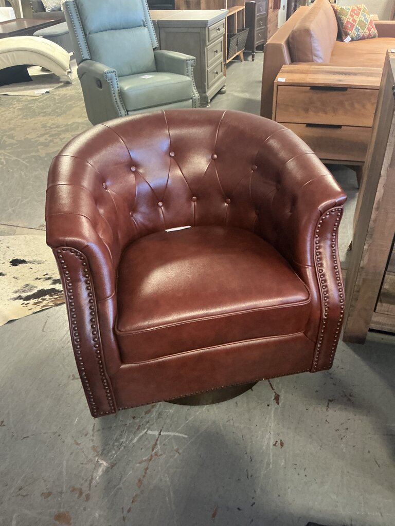 Veitin Chesterfield rocker and swivel genuine leather chair-Brown