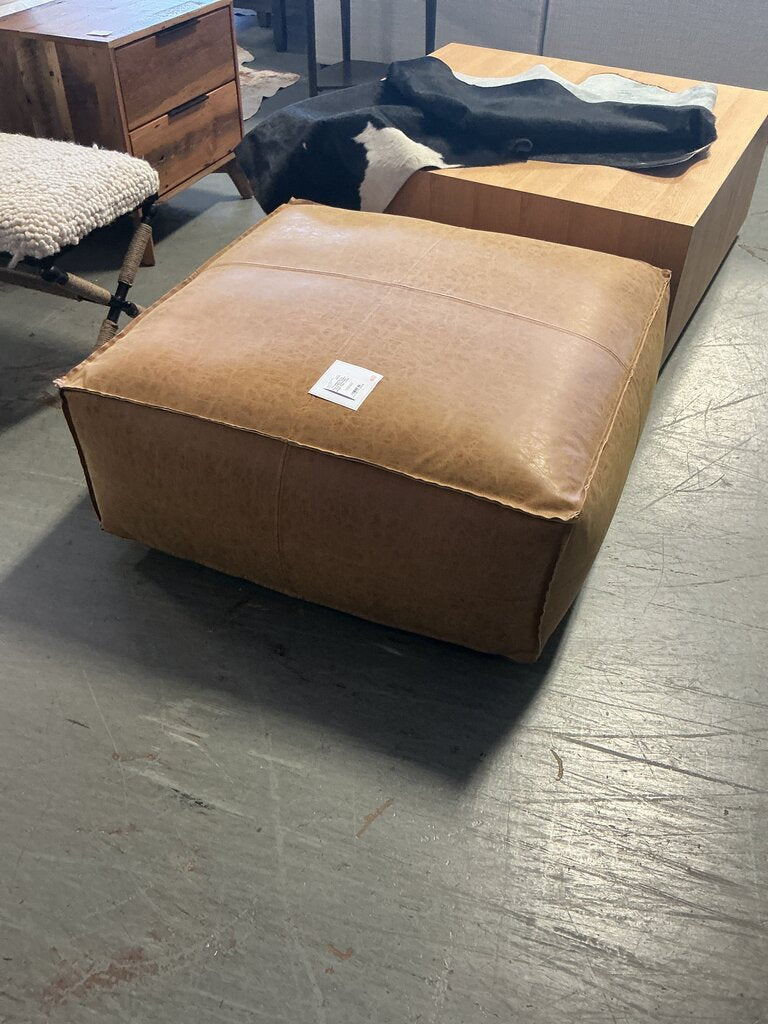 Brody Faux Leather Square Pouf- Distressed Brown Faux Leather