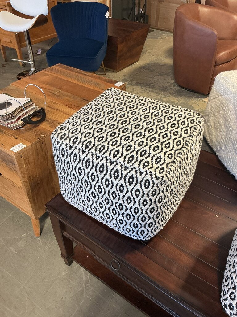 Kiana Boho Square Woven Outdoor/Indoor Pouf in Black and White Recycled PET Polyester