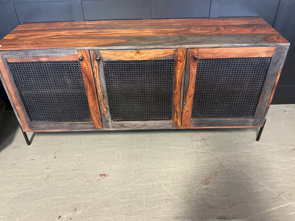 Rattan 3 Door Credenza- Grey & Dark Wood (As-Is, Door)