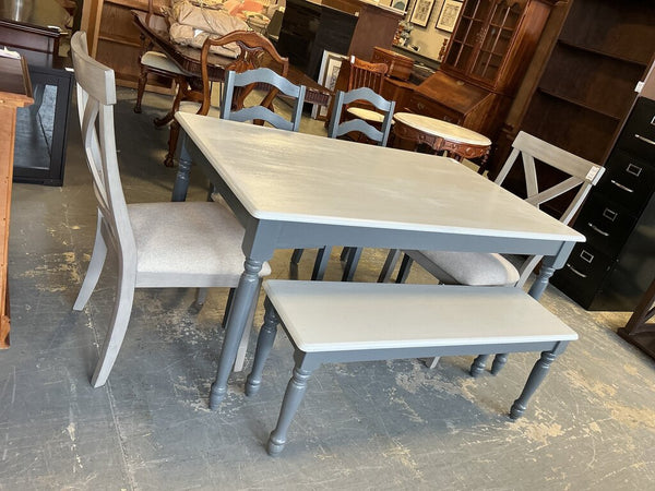 Two-Tone Grey Painted Dining Set (Table+Bench+Chairs)