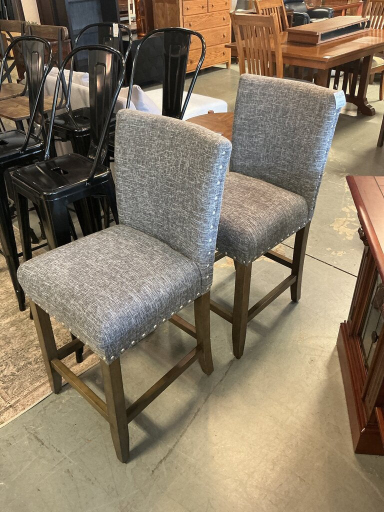 (Pair) Grey Upholstered Counter Stool