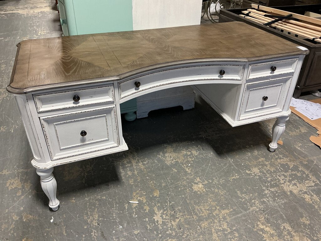 Writing Desk- Antique White & Bark Oak Wood (As-Is, Corner)