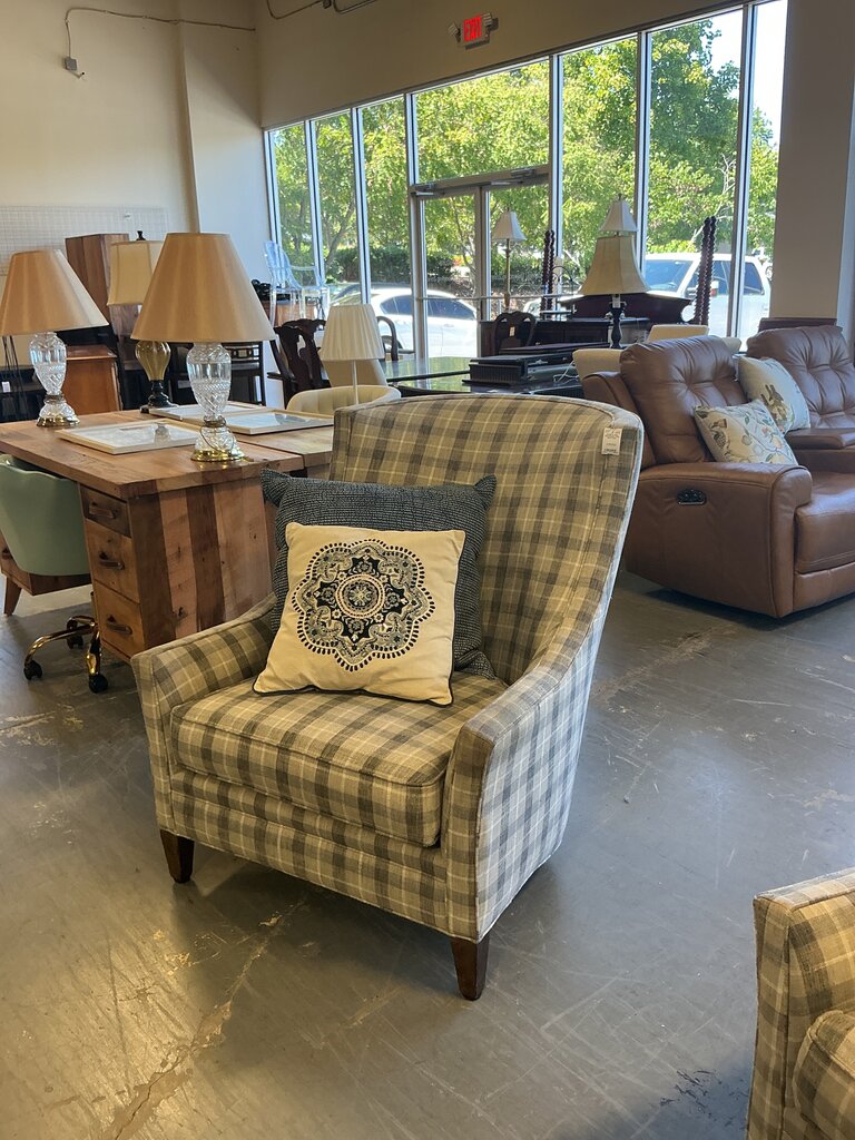 XL Blue Plaid Modern Wing Back Chair