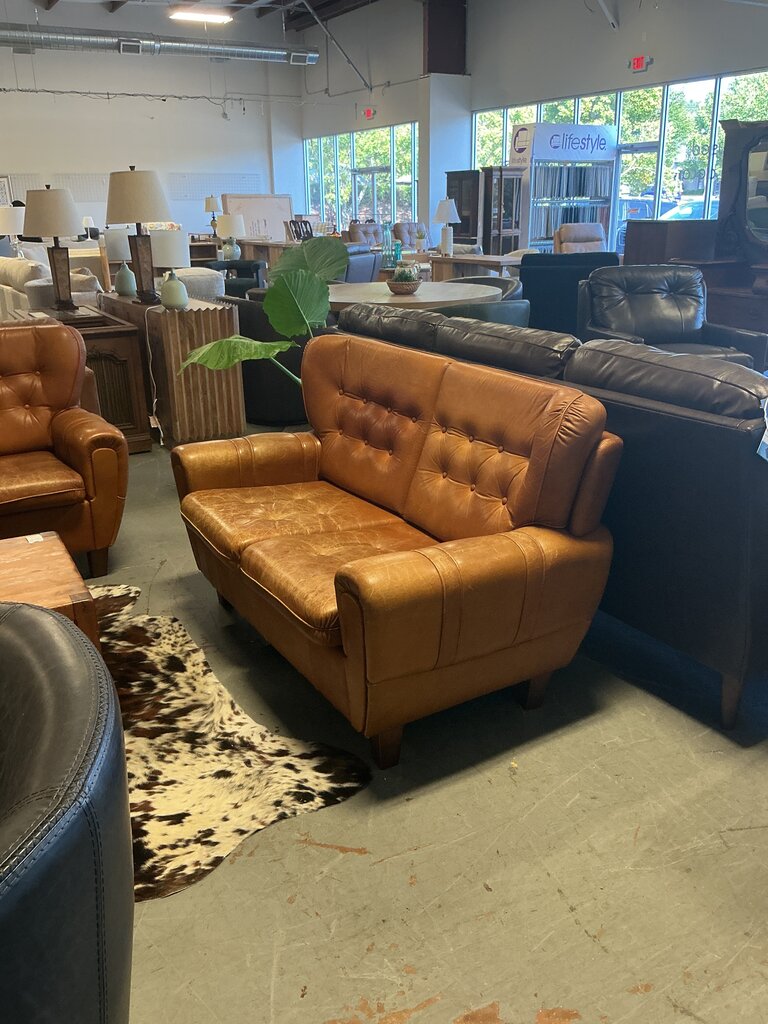 German MCM Leather Wingback Loveseat